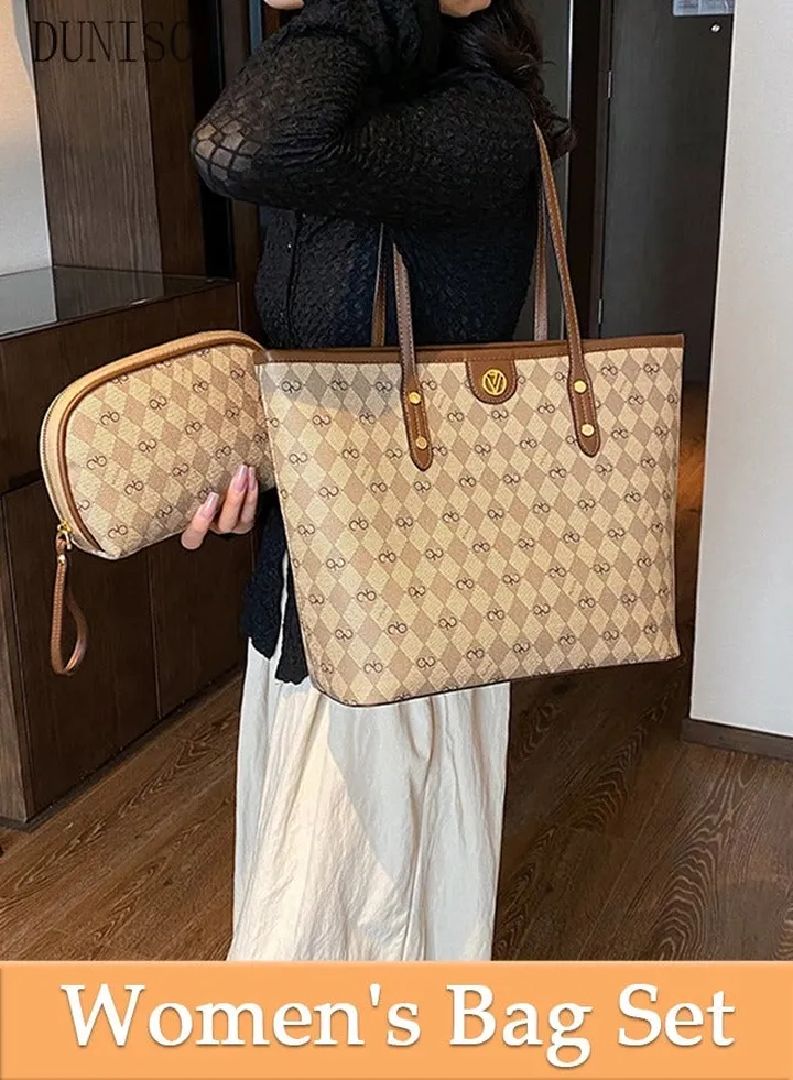 2 Piece Women's Fashion Shoulder Tote Bag Faux Leather Handbag Set For Women Large Capacity Clutch Bag Fashionable Travel Messenger Shoulder Bag For Ladies