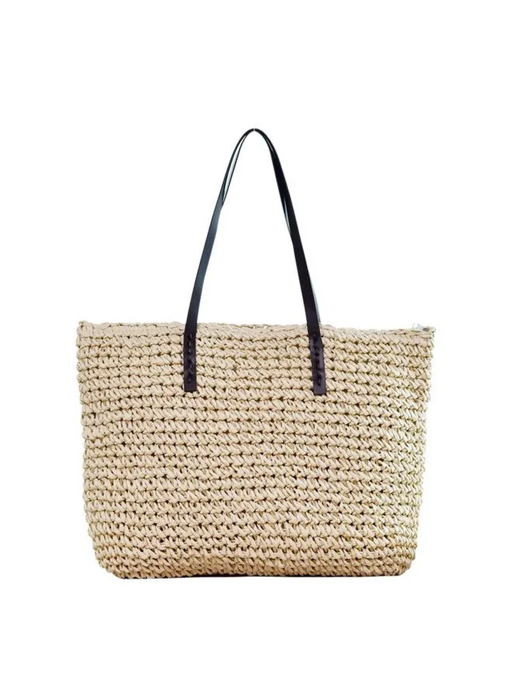 Women Straw Woven Tote Large Beach Handmade Weaving Shoulder Bag Purse Straw Handbag (Square Beige 1)