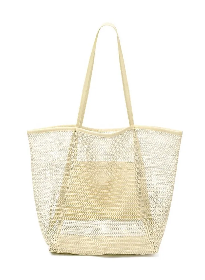 Beach Bag Mesh Tote Bagupgrade Beach Tote With Phone Pouch Women Mesh Bag Shoulder Bag For Beach Travel Vacation (Beige)