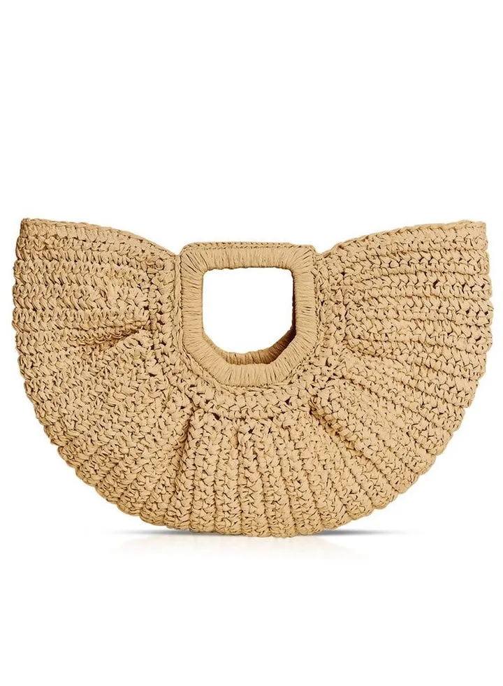 Straw Bag Beach Bags For Women Semicircular Woven Beach Hand Bag Handmade Rattan Handbag For Vacation Travel Daily (Khaki)