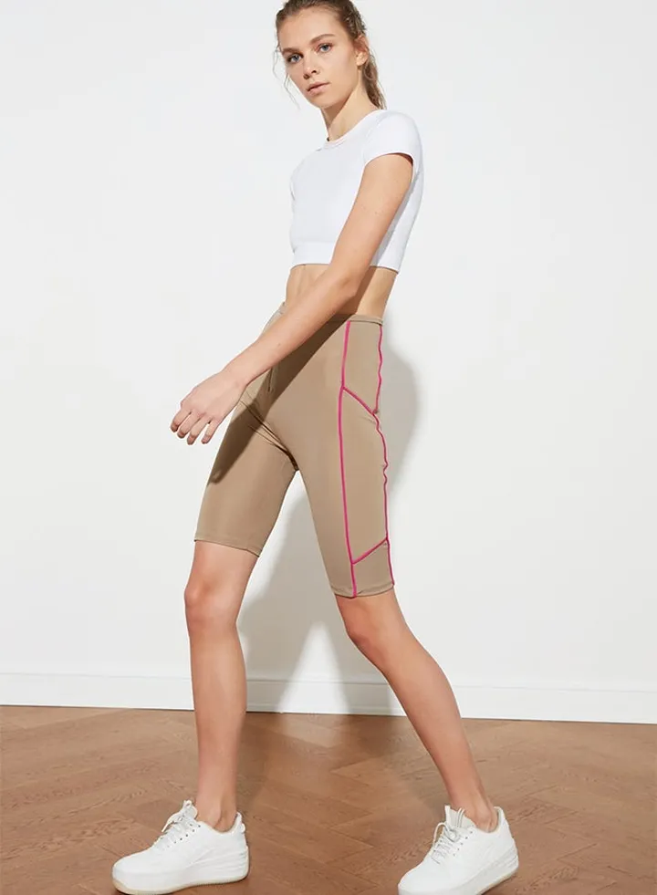 Zipper Detail Biker Sports Leggings Beige