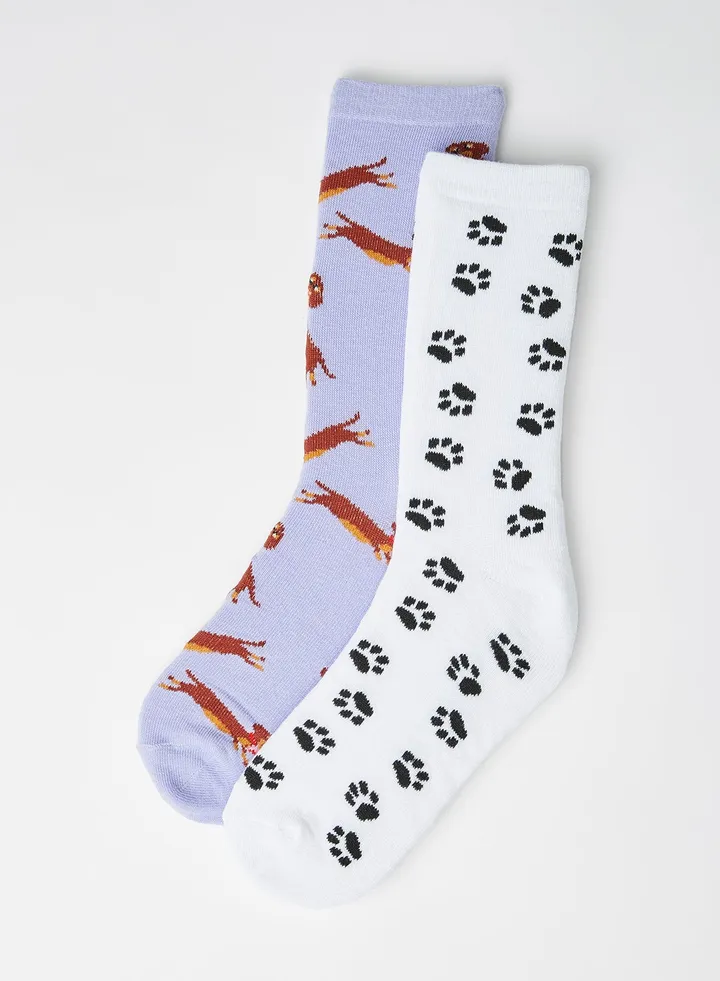 Dog Print Socks (2 Pack) Lilac / Multi White / Black