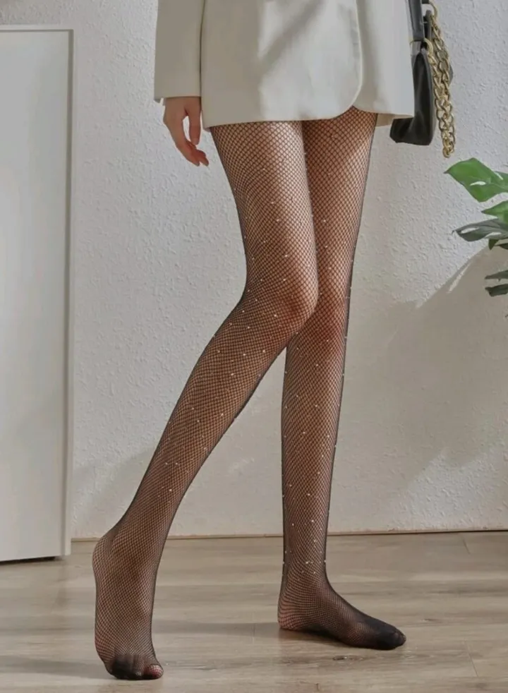 1pair Women Rhinestone Decor Fashion Fishnet Tights