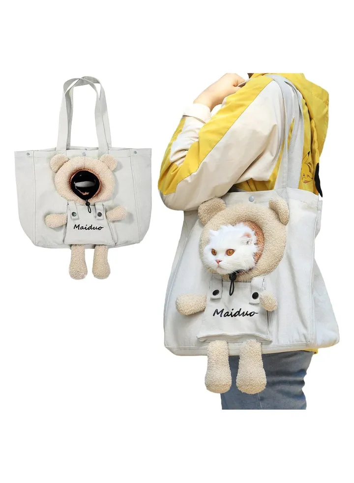 Cute Pet Canvas Shoulder Bag, Portable Small Cat Carrier Bag, Dog Carrier Sling Soft Pouch Tote Bag, Outdoor Dog Travel Handbag for Small Cat Dog Animal Supplies, Grey