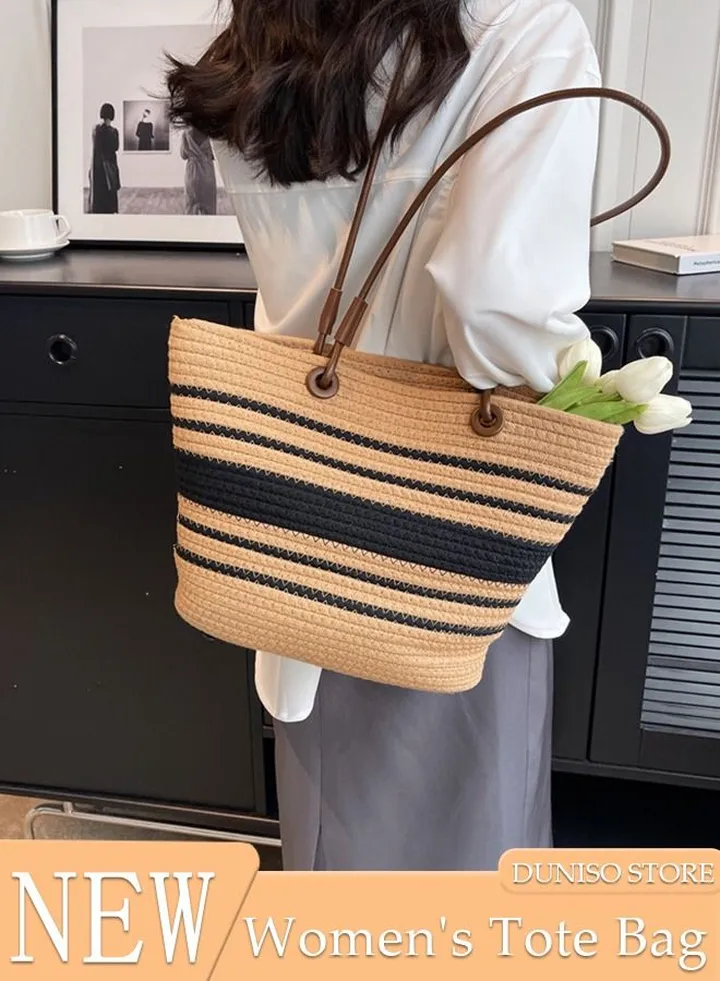 Women's Shoulder Tote Bag Straw Design Handbag for Women Large Capacity Bucket Bag Fashionable Travel Messenger Shoulder Bag for Ladies Girls College Students