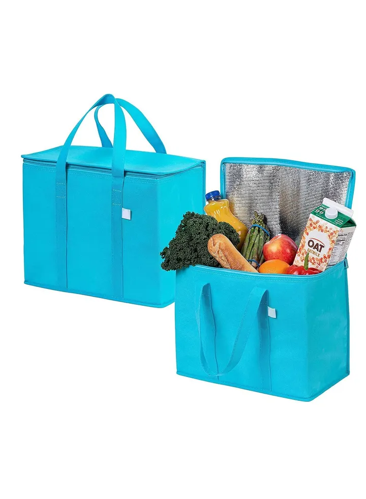 Insulated Reusable Grocery Shopping Bag - Large Cooler Tote with Zippered Top for Hot/Cold Food Transport, Perfect Picnic, Camping, BBQ Durable & Foldable 41x23x32cm, Blue