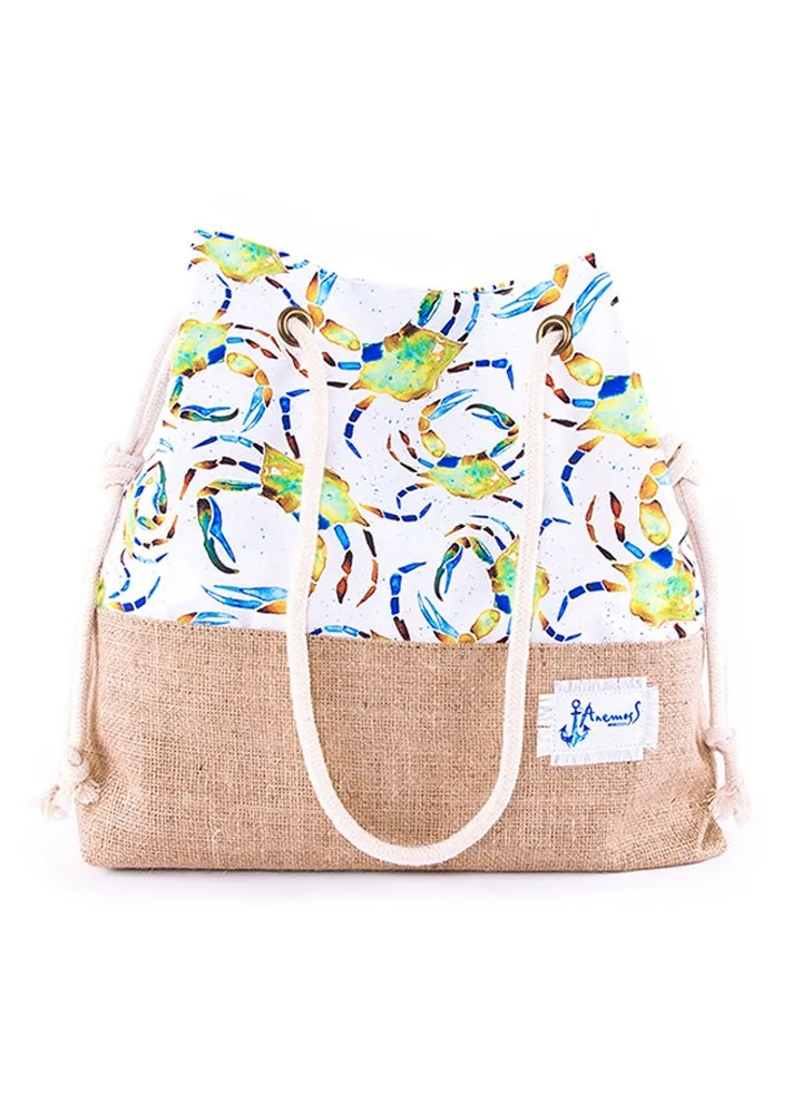 Crab Printed Beach Bag White/Beige/Green