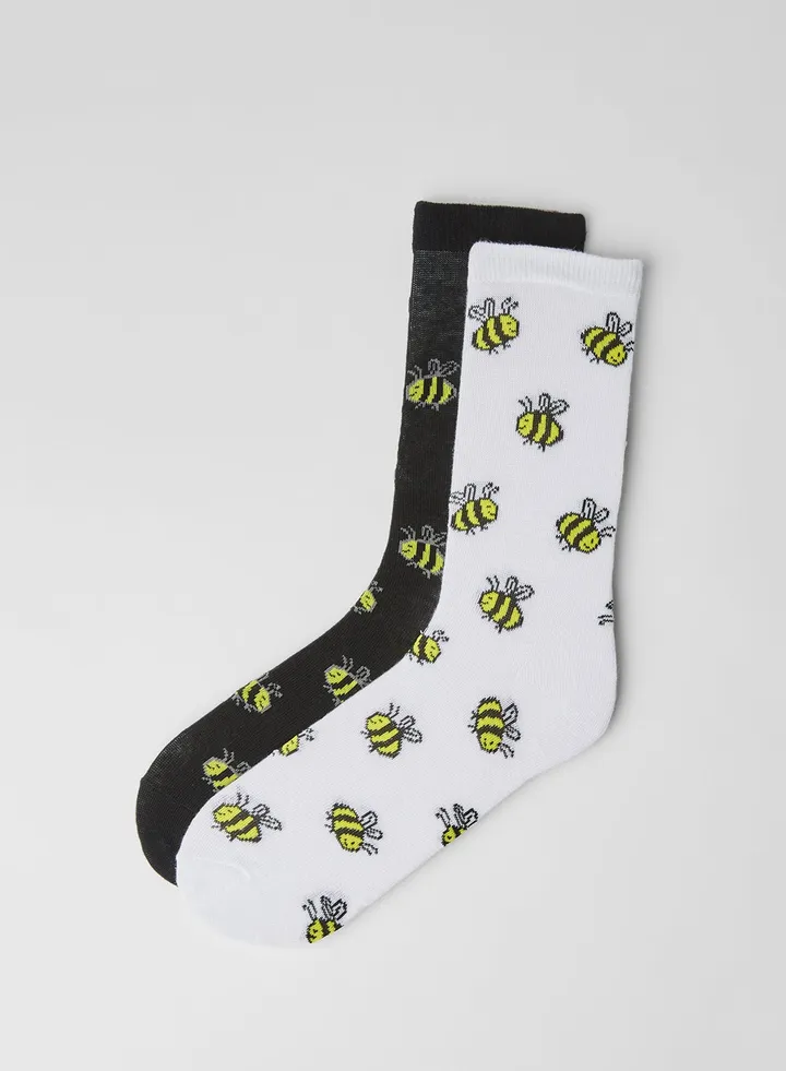 Bee Print Socks (2 Pack) Black / White