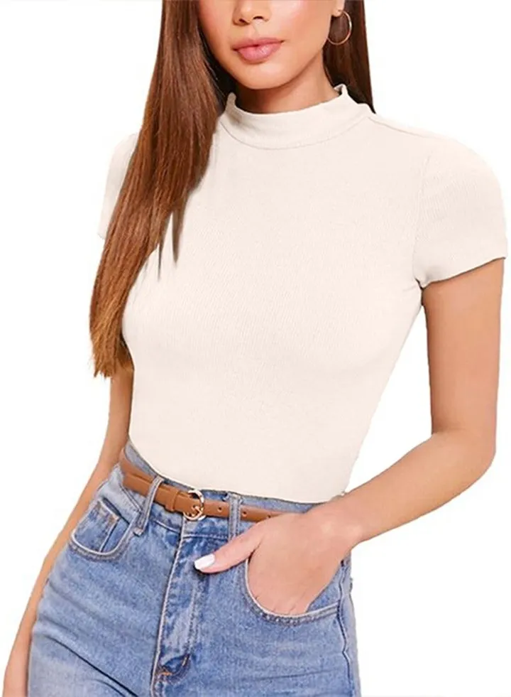 Ribbed Knit Mock Neck Crop Top - Cap Sleeve - Neck T-shirt For women