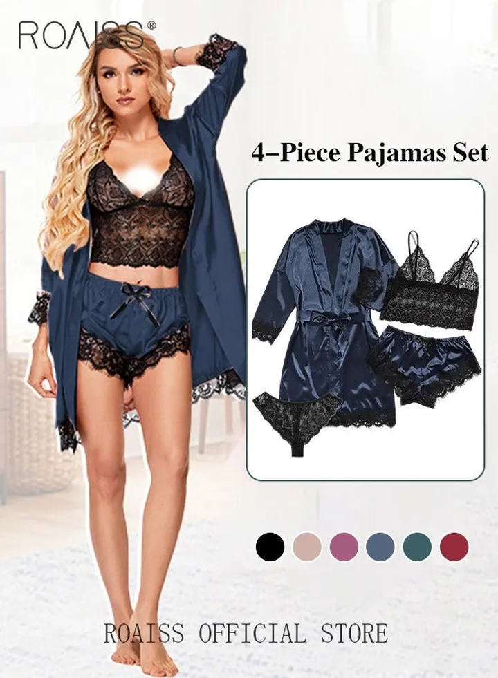 4 Pack Women's Nightwear Set Silk Satin Sleepwear Pajama Summer Home Wearing Clothes Suits Embroidered Breathable Ladies Lingerie Robe Nightdress Underwear Panties