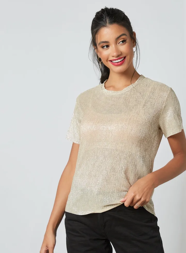 Sequin Knit T-Shirt Champagne Beige