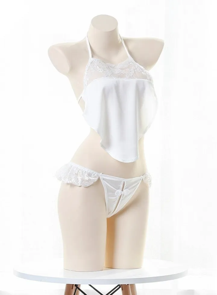 Women Retro Bowknot Suspender Bellyband Lingerie Set White