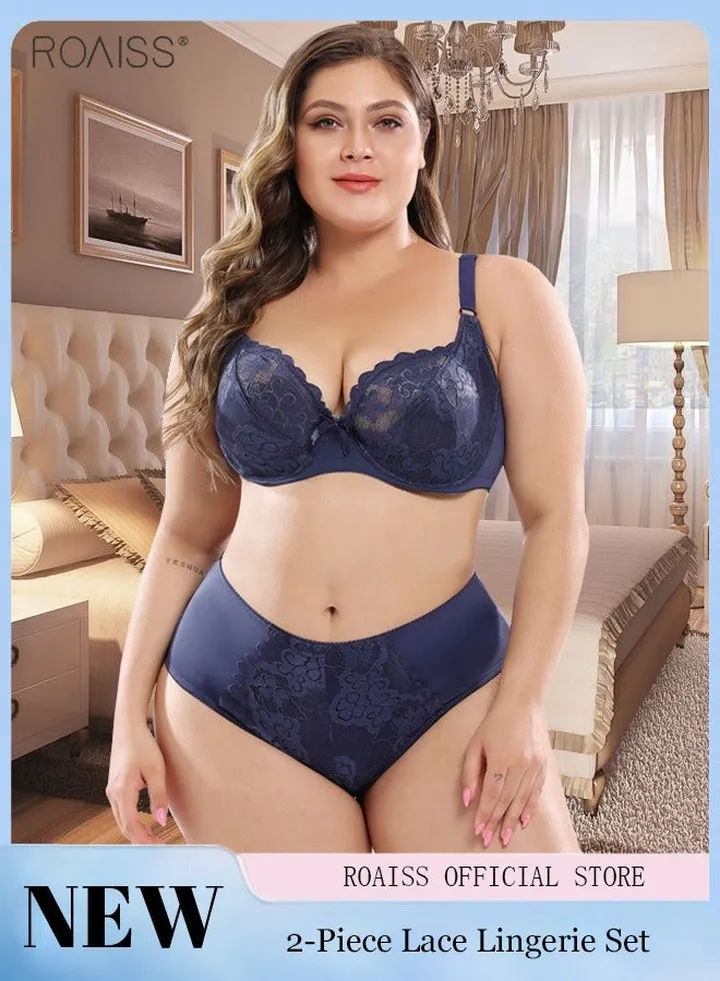 Women's 2-Piece Lace Underwear Set Plus Size Light Bra With No Bra Pad And Built-In Steel Ring High Waisted Satin Lace Patchwork Underwear