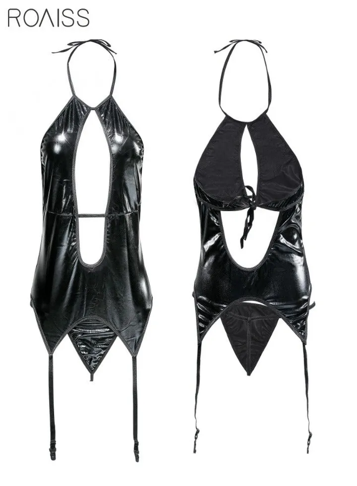4 Pieces Of Cutout Underwear Lacquer Leather Female Police Officer Hollowed Out Design Date Day Role Play Costume