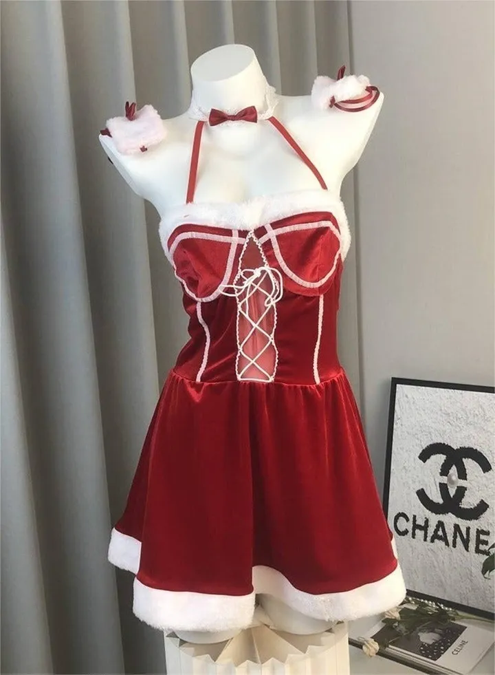 Cosplay Lingerie Suit for Women Red Suspender Sleeveless Dress to Accentuate Body Curves Ladies Lace up Front Naughty Babydoll Comfy and Breathable Waist-Cinching Cute Underwear