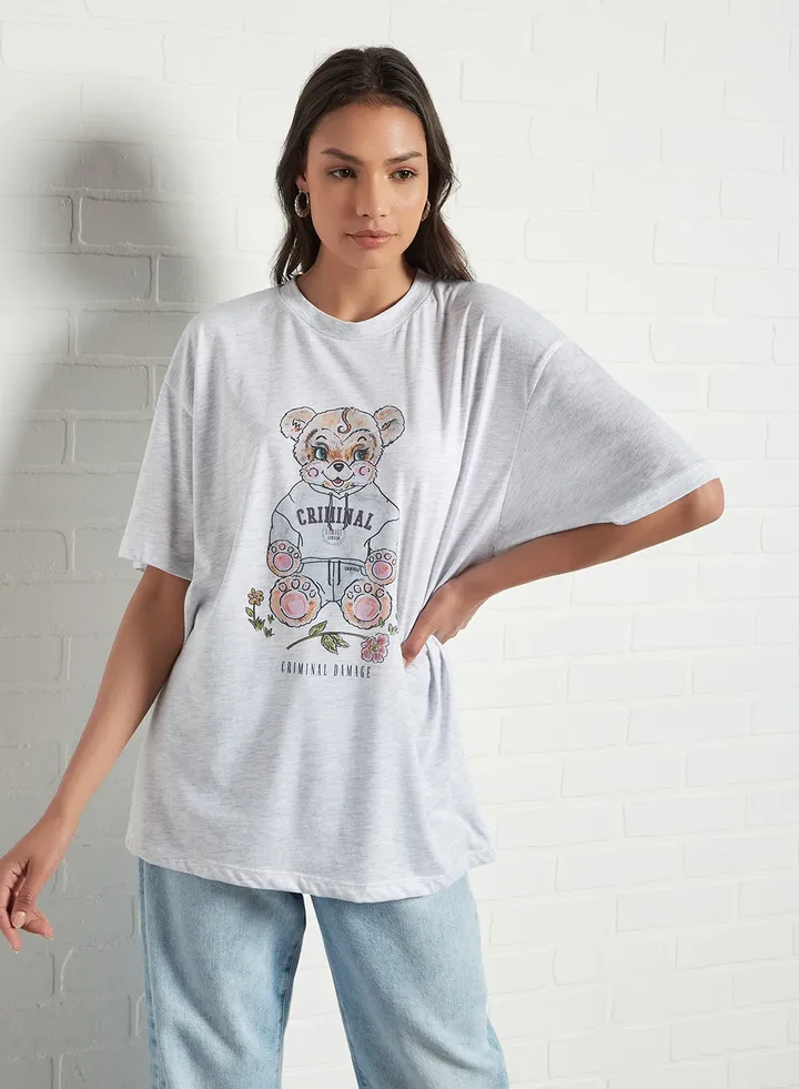 Teddy Bear Print T-Shirt Grey Marl