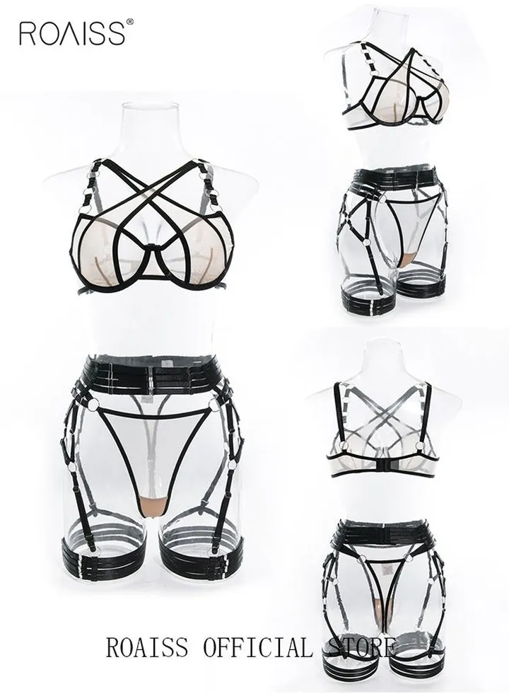 Women Strappy Lingerie with Handcuffs Halter Neck Bandage Body Harness Costume Lingerie Set for Women Bodysuit for Ladies Wife Girlfriend