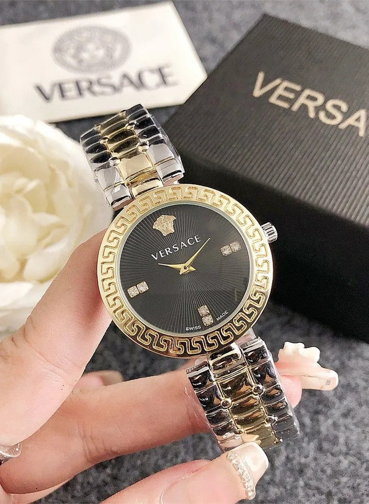 Versace Women's Cubic Zirconia Classic Fashion Versatile Round Quartz Watch with Gold and Silver Combination Stainless Steel Strap and Black dial 33mm Gift