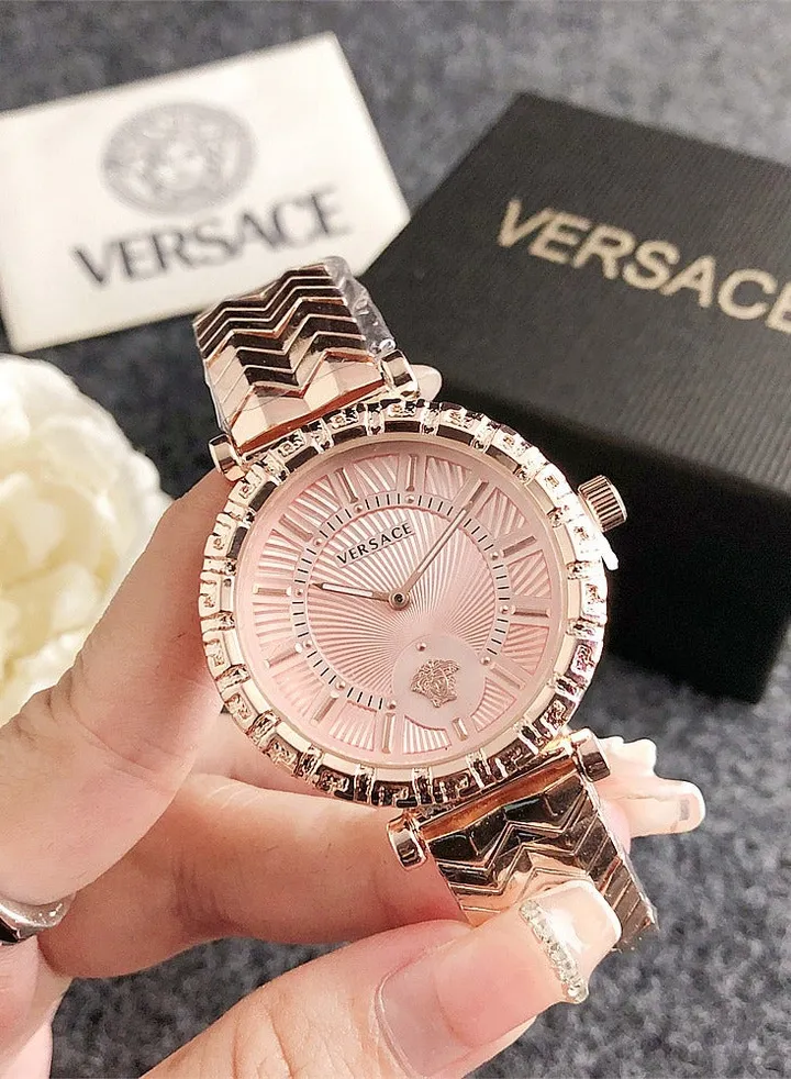 Versace Women's Cubic Zirconia Classic Fashion Round Quartz Watch with Rose Gold Stainless Steel Strap 37mm Gift