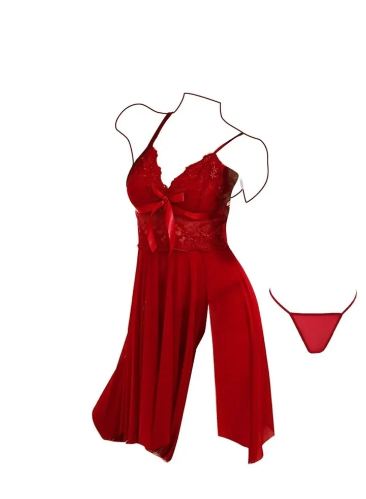 Women Soft Lingerie Underwear And Pajamas Dress Set Wine Red