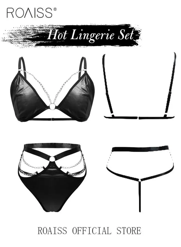 Patent Ring Detail Harness Garter Lingerie Set Strappy Underwear Metal Chain Leather One Piece Bodysuit Gift for Ladies Wife Girlfriend