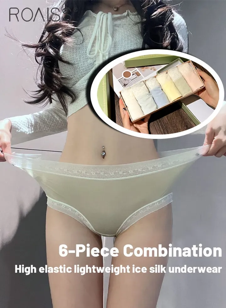 Women'S 6-Piece Lightweight Underwear Ultra High Stretch Lace Underpants Without Binding Feeling Silk Smooth Satin Material