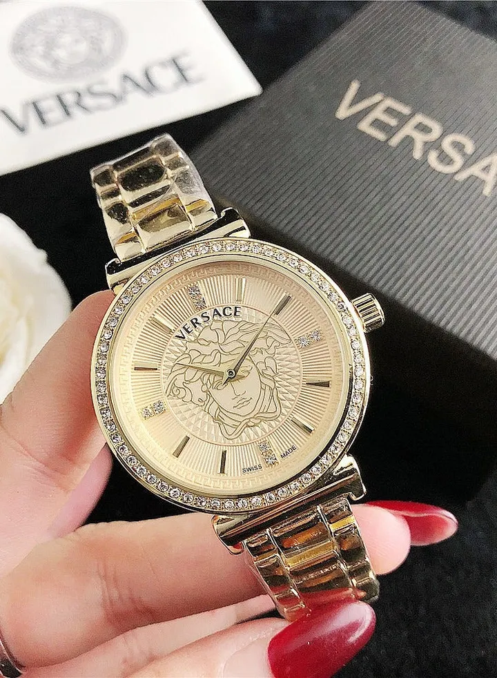 Versace Women's Cubic Zirconia Classic Fashion Quartz Watch with Gold Stainless Steel Strap 36mm