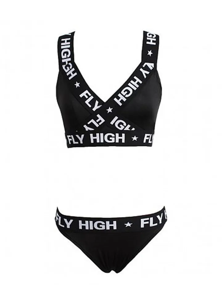 Letter Print Backless Bra And Panty Set Black