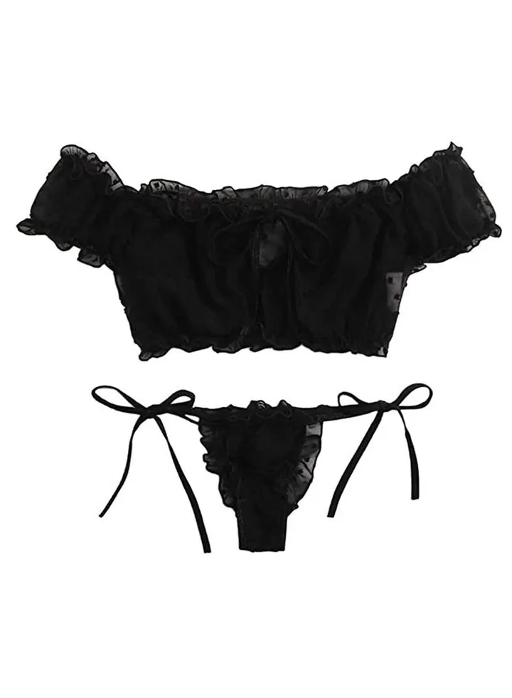 Women's Tie Ruffle Trim Mesh Lingerie Set