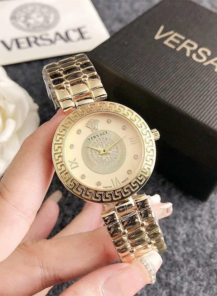 Versace Women's Cubic Zirconia Classic Fashion Versatile Round Quartz Watch with Gold Stainless Steel Strap and Gold dial 33mm Gift