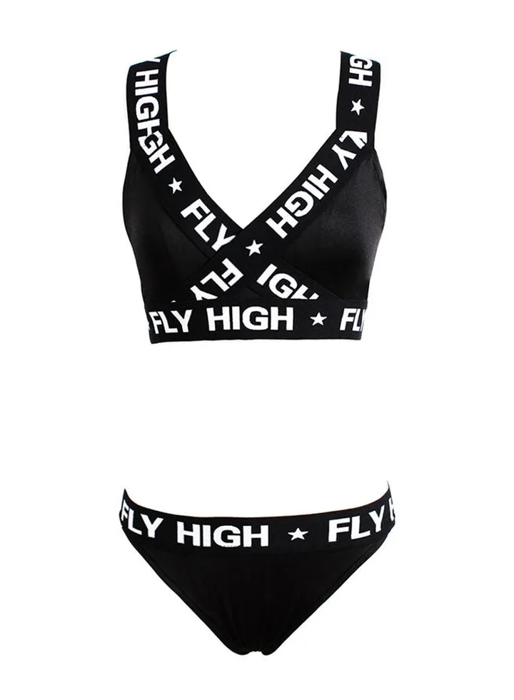 Letter Print Backless Sleeveless Lingerie Set Black