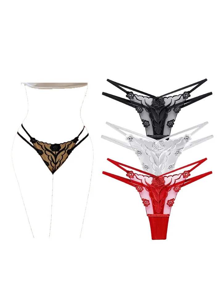 3 Pack Women Mesh Thong Floral G-string Panties Knickers Lingerie Underwear