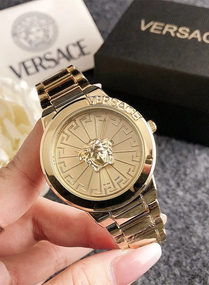 Versace Women's Cubic Zirconia Classic Fashion Round Quartz Watch with Gold Stainless Steel Strap and Gold dial 38mm Gift