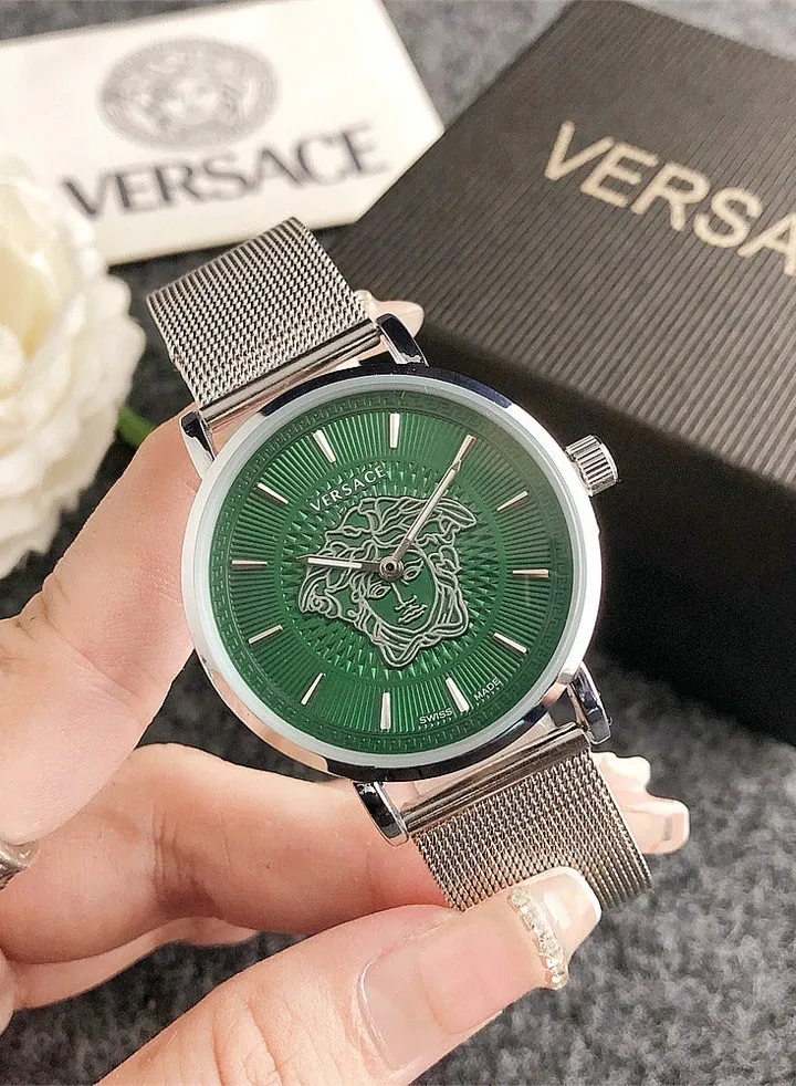 Versace Women's Cubic Zirconia Classic Fashion Versatile Quartz Watch, paired with a silver stainless steel mesh strap and a 36mm green dial