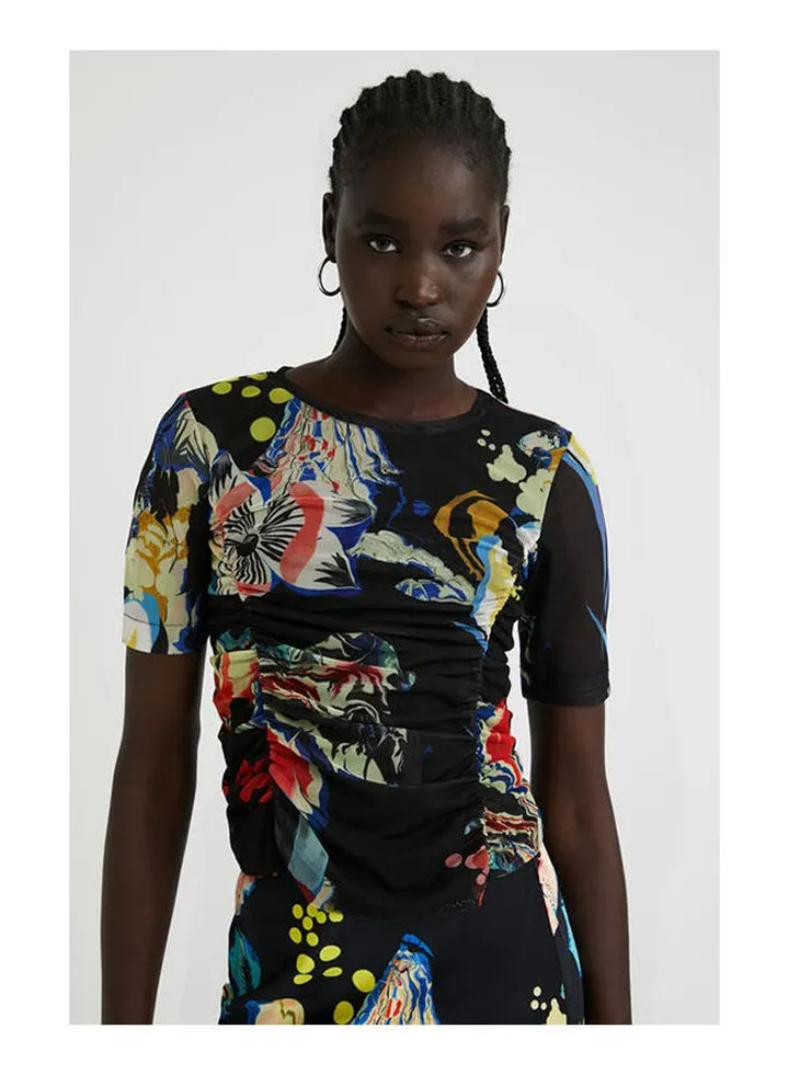 Casual Printed Short Sleeve Round Neck T_Shirt Black