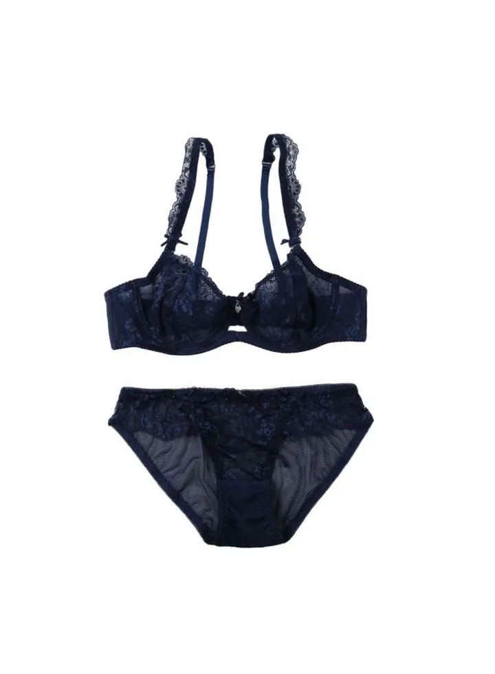 Sheer Lace Push Up Bra Set Black