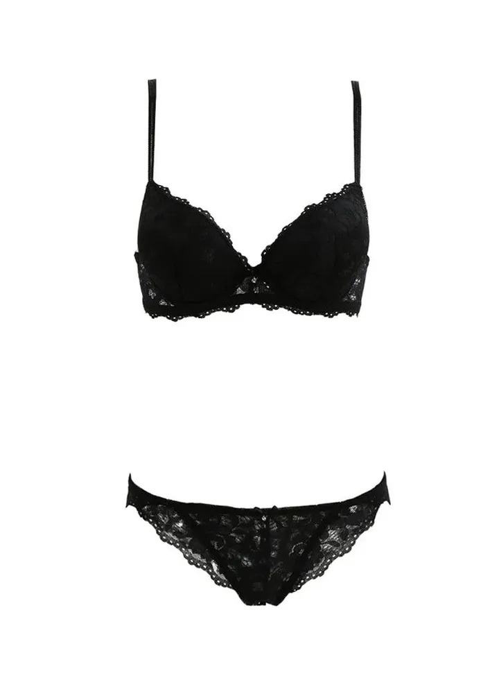 2-Piece Lace Embroidery Lingerie Set Black