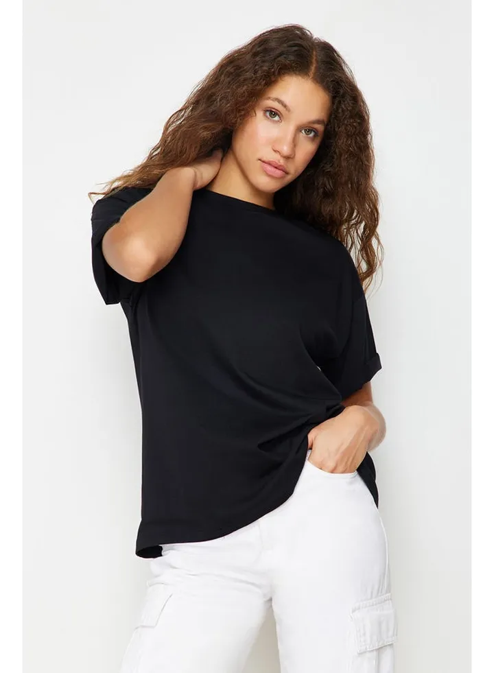 Black 100% Cotton Boyfriend/Wide Fit Crew Neck Knitted T-Shirt TWOSS20TS0134
