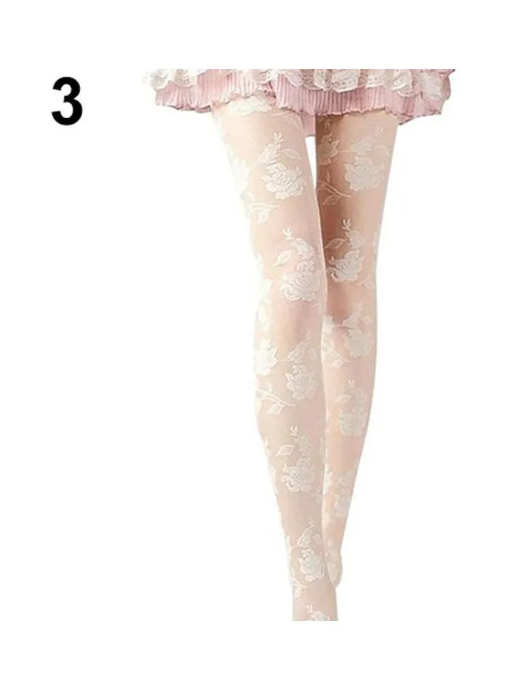 Fashion Rose Pattern Tight Lace Pantyhose See-Through Stockings multicolour
