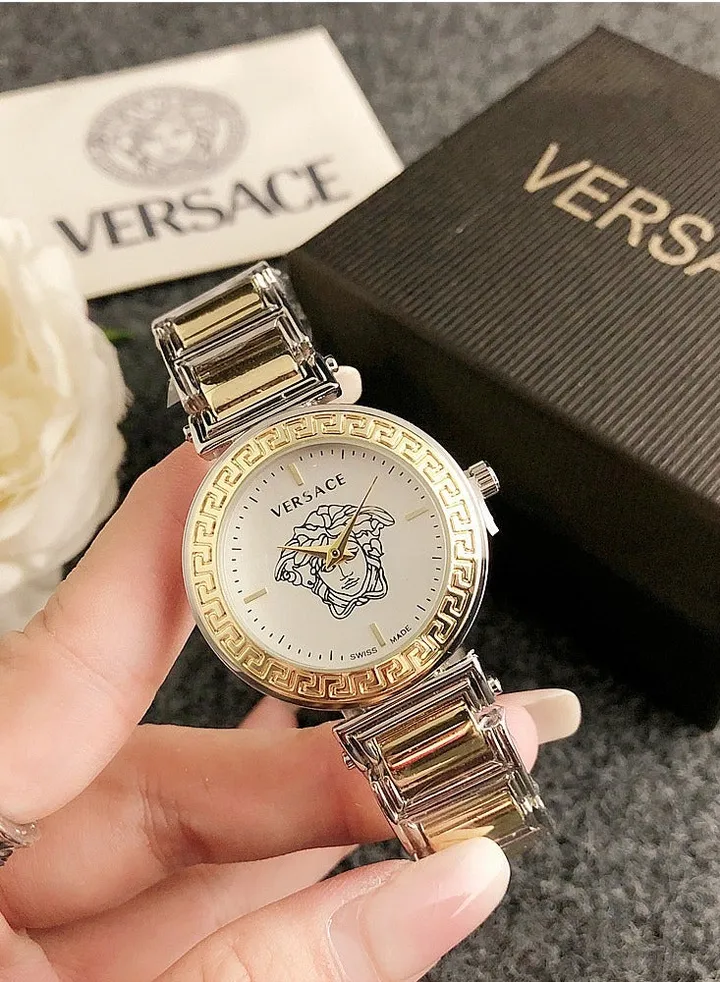Versace Women's Cubic Zirconia Classic Fashion Versatile Round Quartz Watch, paired with gold and silver splicing stainless steel strap, 32mm white dial