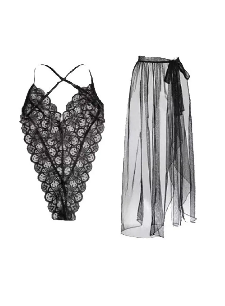 Women's One Piece Lingerie with Mesh Sheer Cover Up.