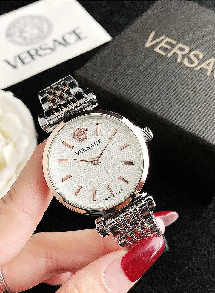 Versace Women's Cubic Zirconia Classic Fashion Versatile Quartz Watch, paired with rose gold and silver patchwork stainless steel strap 35mm