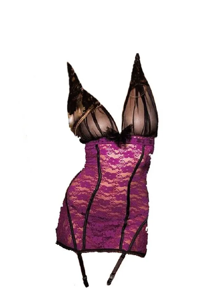 Women Floral lace Halter Dress with Garter And Stockings Lingerie Night Wear .