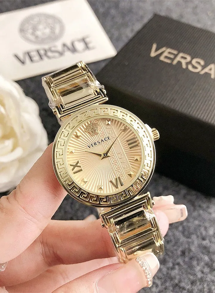 Versace Women's Cubic Zirconia Classic Fashion Versatile Quartz Watch with Gold Stainless Steel Strap 32mm Gold dial Gift