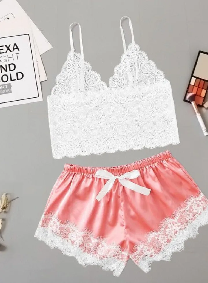 Women Satin Pajama Cami Set Silky Lace Nightwear 2 Piece Lingerie Short Sleepwear.