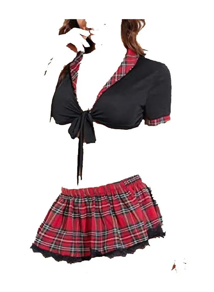 Women Tie Front Crop Top And Lace Trim Plaid Skirt Lingerie Set