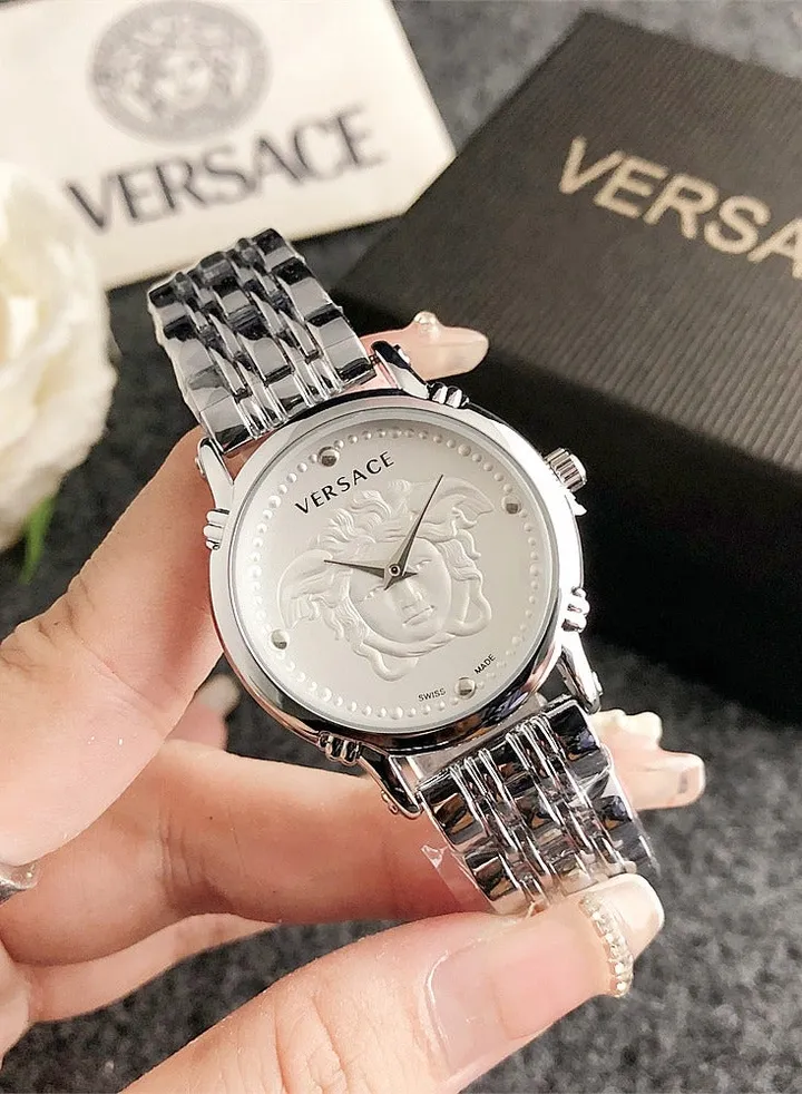 Versace Women's Cubic Zirconia Classic Fashion Versatile Round Quartz Watch with Silver Splice Stainless Steel Strap and White dial 32mm Gift