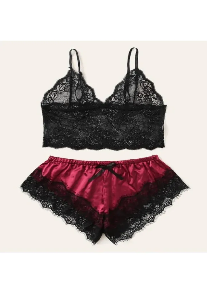 Women Satin Pajama Cami Set Silky Lace Nightwear 2 Piece Lingerie Short Sleepwear.