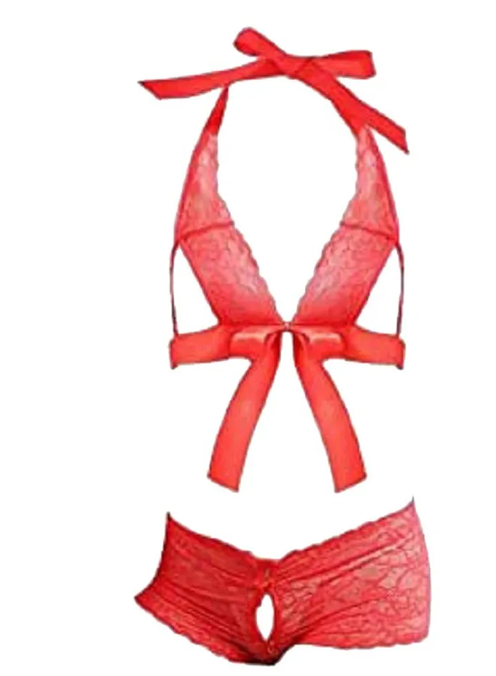 Floral Lace Open Crotch Night Playing Underwear Set Babydoll Lingerie