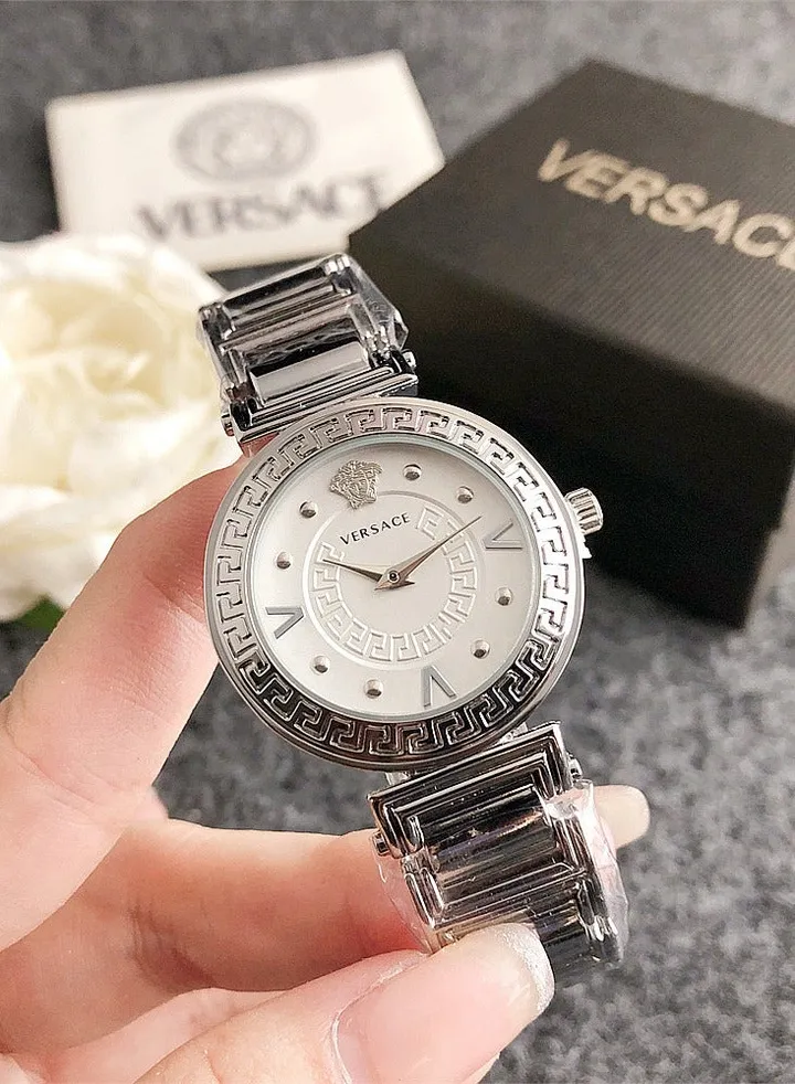 Versace Women's Cubic Zirconia Classic Fashion Versatile Quartz Watch with Silver Stainless Steel Strap 32mm White dial Gift